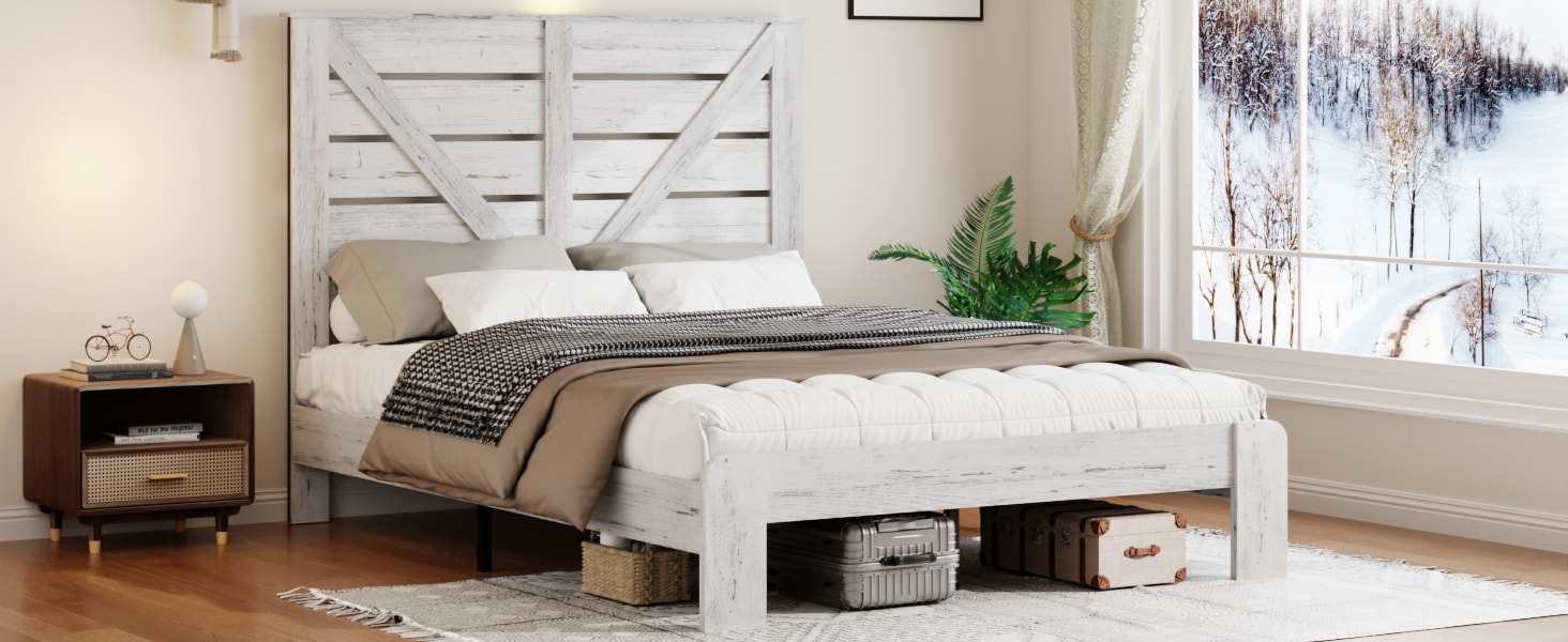 Queen Bed Frame Headboard , Wood Platform Bed Frame , Noise Free,No Box Spring Needed And Easy Assembly Tool,Large Under Bed Storage,White_voghion.com
